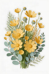Yellow flowers and green leaves in a vibrant bouquet.
