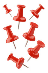Red pushpins scattered in mid-air.
