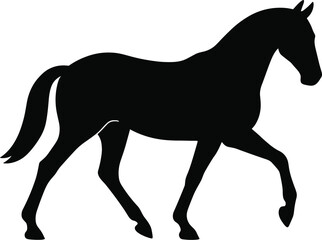 vector silhouette, trotting horse mid-step, lifted foreleg, side view, solid black