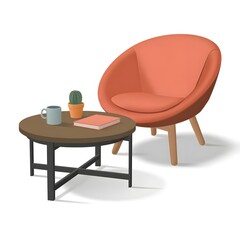 Fototapeta premium Cozy living room scene with an orange chair and coffee table illustration art