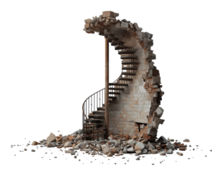 Ruined spiral staircase ascending from shattered brick wall, symbolizing destruction and decline