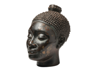 Serene Gaze, A Bronze Sculpture of a Buddha Head in Contemplation, Symbolizing Inner Peace