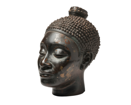 Serene Gaze, A Bronze Sculpture of a Buddha Head in Contemplation, Symbolizing Inner Peace