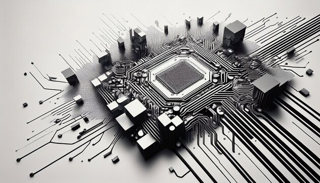 black and white image of a computer chip with a white background the image is abstract and has a sense of chaos and disarray the computer chip appears to be broken and scattered
