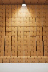 Stacked cardboard boxes, a warehouse of goods.
