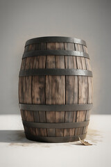 Aged wooden barrel, weathered and sturdy.

