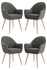 Four gray armchairs with light wood legs.
