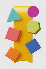 Colorful geometric shapes on a yellow banner.
