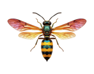 Striking close up of a colorful insect with iridescent wings isolated on a clean background
