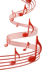 Red musical notes swirling on white background.
