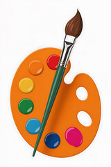 Orange paint palette with colorful wells and a paintbrush.
