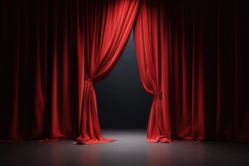 Red theater curtains open on dimly lit stage