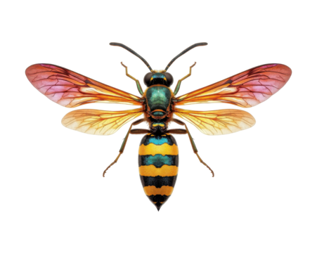 Striking close up of a colorful insect with iridescent wings isolated on a clean background