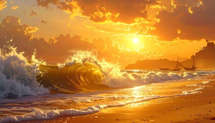 Golden sunset over a beach, with crashing waves and sailing ships.  A vibrant display of orange and gold hues paints the sky and sea, showcasing the beauty of a tropical paradise.