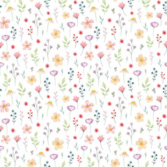 Watercolor seamless floral pattern. Cute colorful flowers in hand-painted style, delicate botanical illustration