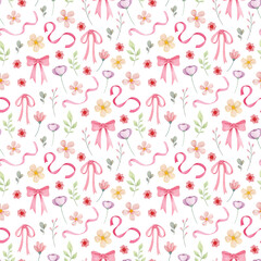 Watercolor seamless pattern with flowers and bows in pink tones. Delicate botanical and decorative illustration