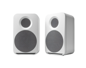 Studio Shot of Two Modern Minimalist White Audio Speakers for Immersive Sound Experience