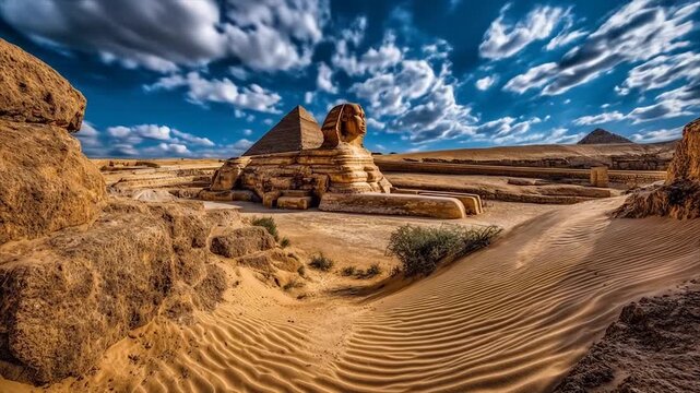 Majestic ancient sphinx and pyramids stand amidst a vast, sun-drenched desert landscape.