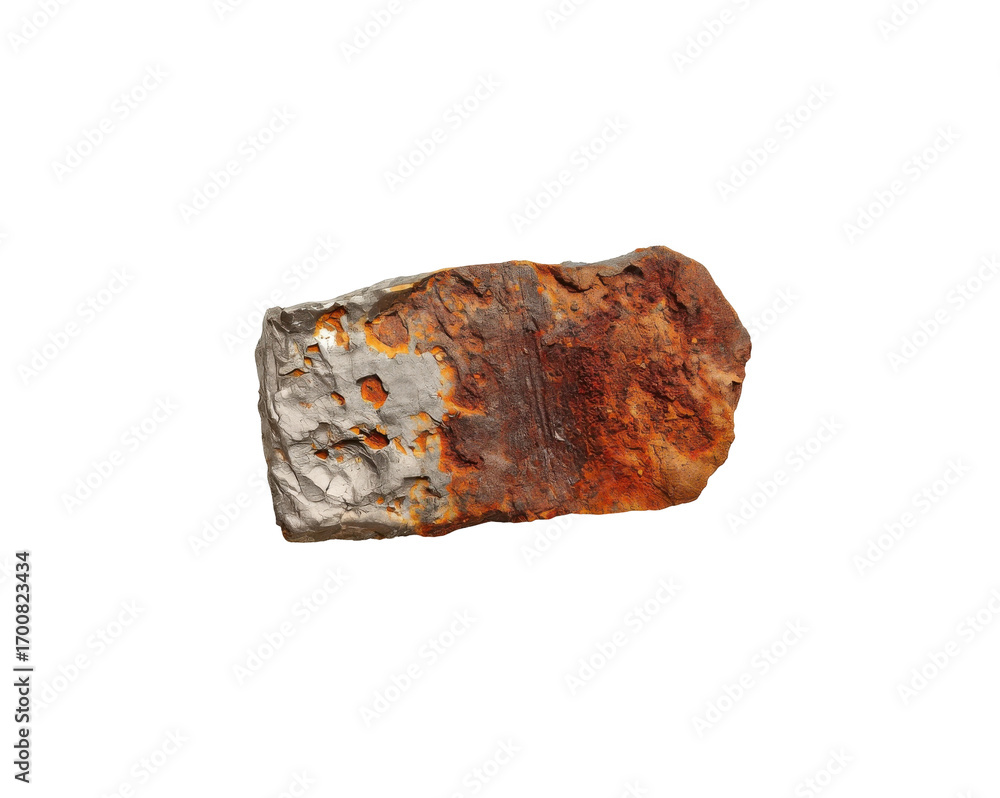 Poster unique close up of a piece of eroded stone with rust and silver texture on a solid display