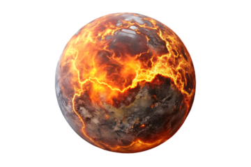 Fiery planet cracked with lava isolated on a transparent background