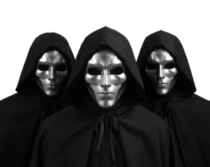 Three enigmatic figures in cloaks and masks convey a sense of mystery and anonymity