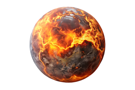 Fiery planet cracked with lava isolated on a transparent background