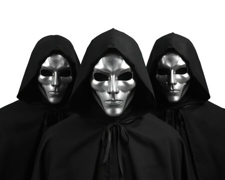 Three enigmatic figures in cloaks and masks convey a sense of mystery and anonymity