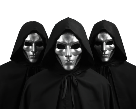 Three enigmatic figures in cloaks and masks convey a sense of mystery and anonymity