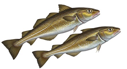 Naklejka premium Detailed Illustration of Two Atlantic Cod Fish Swimming Against White Background