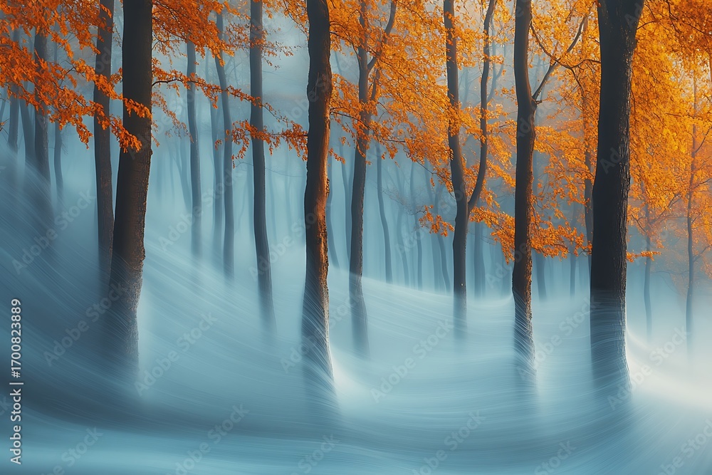Poster tall trees of a forest with a blanket of soft fog swirling around the trunks, creating a mystical at