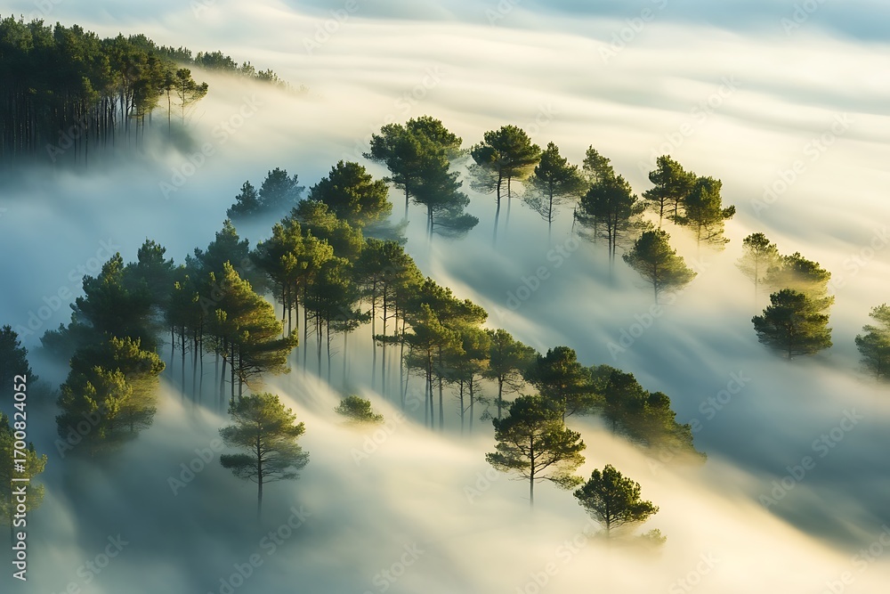 Poster tall trees of a forest with a blanket of soft fog swirling around the trunks, creating a mystical at