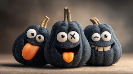 Black spooky humor shines in these cartoon pumpkins with funny faces, mixing Halloween darkness with playful charm and quirky seasonal mood.