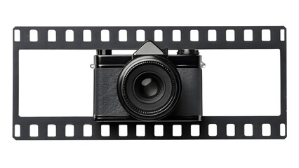 Obraz premium Vintage slr camera centered within a film strip on a black background isolated on transparent background