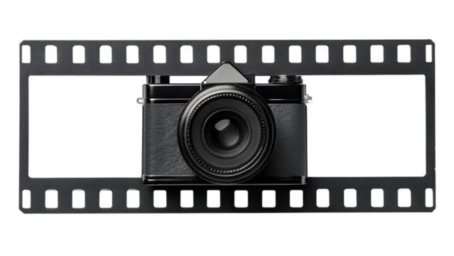 Vintage slr camera centered within a film strip on a black background isolated on transparent background - Powered by Adobe