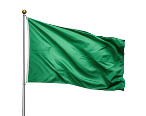 Waving green flag on a pole isolated against a backdrop, signaling diverse symbolic meaning
