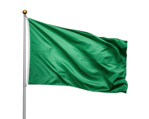 Waving green flag on a pole isolated against a backdrop, signaling diverse symbolic meaning
