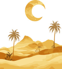 watercolor artwork depicts golden desert dunes with palm trees, mountains, and a crescent moon in the sky.