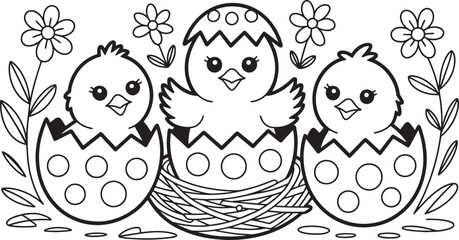 Adorable Hatching Chicks in Cracked Eggs with Flowers and Nest on Transparent Background