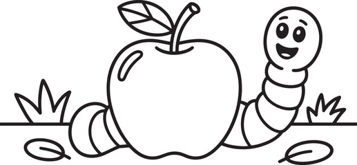 Apple with Worm Coloring Page Outline Illustration for Children's Educational Activity
