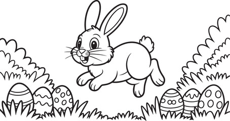 Bunny Rabbit Jumping in a Field with Eggs Line Art Illustration on Transparent Background