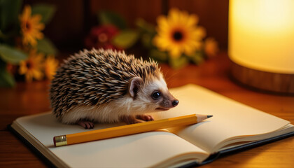 Hedgehog on open notebook with pencil, cozy study scene, curiosity -