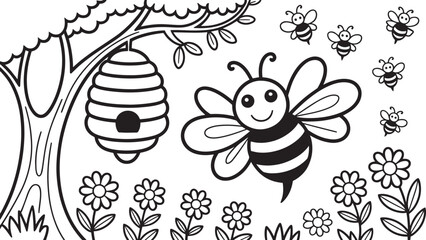 Cheerful Bee with Hive and Flowers Line Art Illustration on Transparent Backdrop Design
