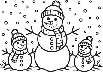 Cheerful Snowman Family with Scarves and Hats Outline Vector Illustration Design
