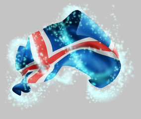 Iceland, vector 3d flag in whirlwind of magical radiance