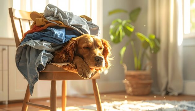 Dog Sleeping on Laundry Pile - Powered by Adobe