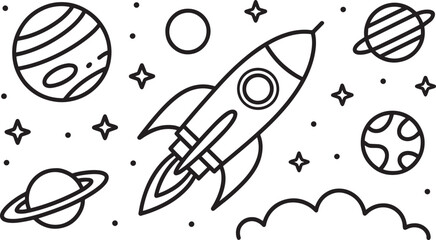 Cosmic Voyage Awaits Line Art Rocket Ship Planets Stars Space Exploration Adventure Design