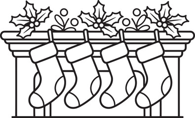 Cozy Fireplace Stockings Hanging Mantle Outline Illustration Home Decor Festive Season