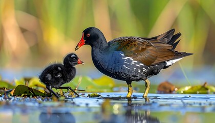 A captivating close-up of a moorhen and its fluffy chick wading in shallow water, bathed in natural light.