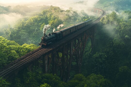 Vintage train travels through lush green mountains