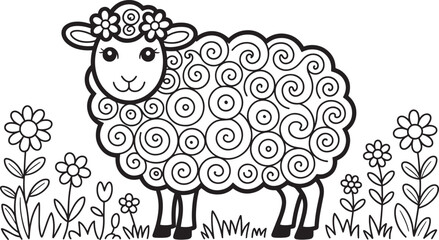 Delightful Sheep in Meadow Line Art Illustration with Flowers and Grass on Transparent Backdrop